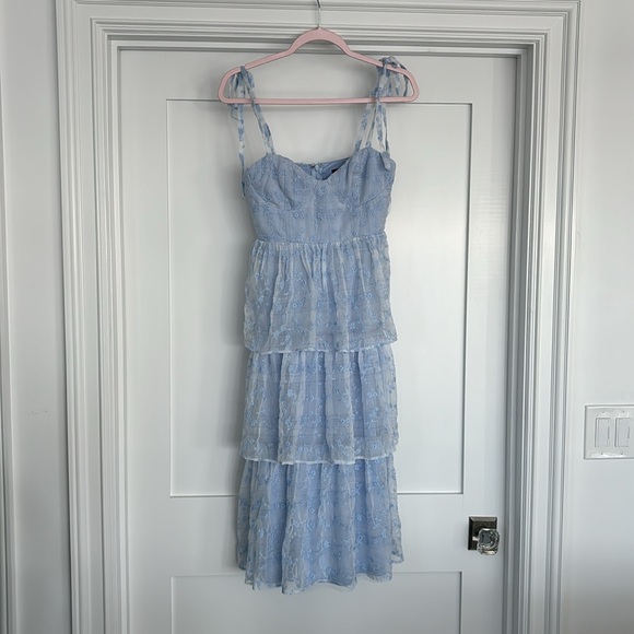Lulus NWT Vineyard Visit Blue Embroidered Tie-Strap Tiered Midi Dress - Picture 5 of 14